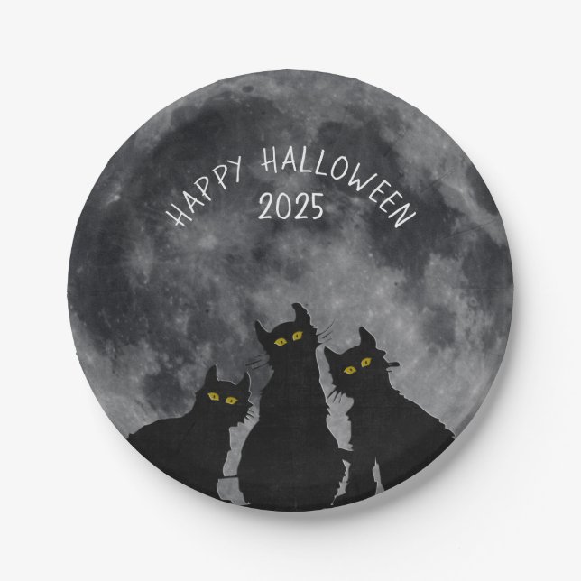 Halloween-Schwarzkatzen auf Vollmond Pappteller (Vorderseite)