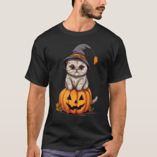 Halloween Scottish Fold Katze Hexenhut Kürbis T-Shirt