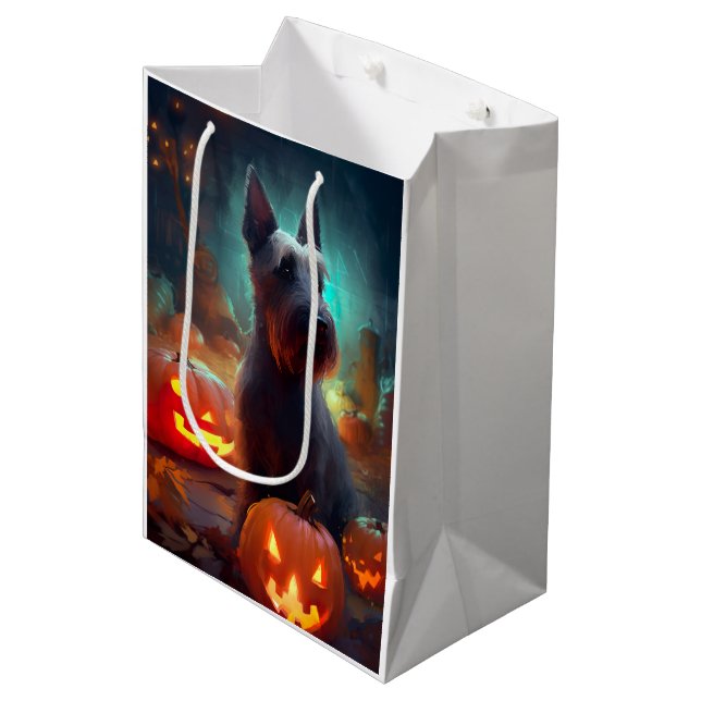 Halloween Scottish Terrier mit Pumpkins Beängstige Mittlere Geschenktüte (Vorderseite Schrägansicht)