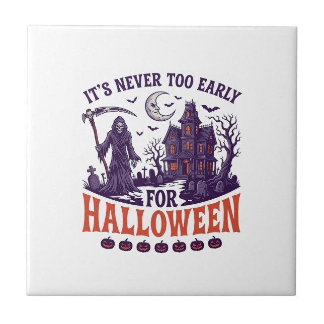 Halloween Sensenmann im Spukhaus Nie Zu Früh Fliese (Vorderseite)