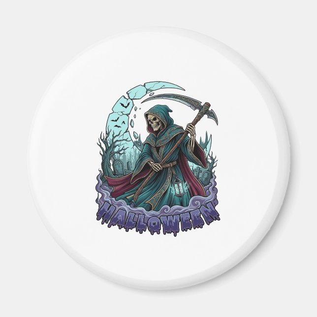 Halloween Sensenmann Sense Laterne Kaputter Mond_1 Magnet (Vorne)