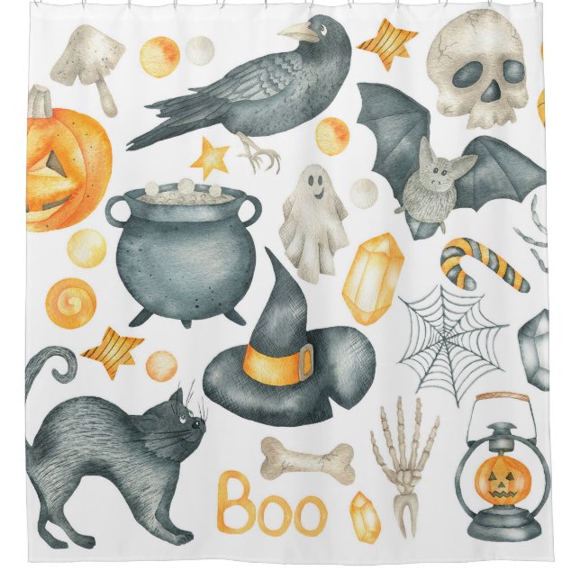 Halloween-Set: Fledermaus, schwarze Katze, Spinne, Duschvorhang (Vorderseite)