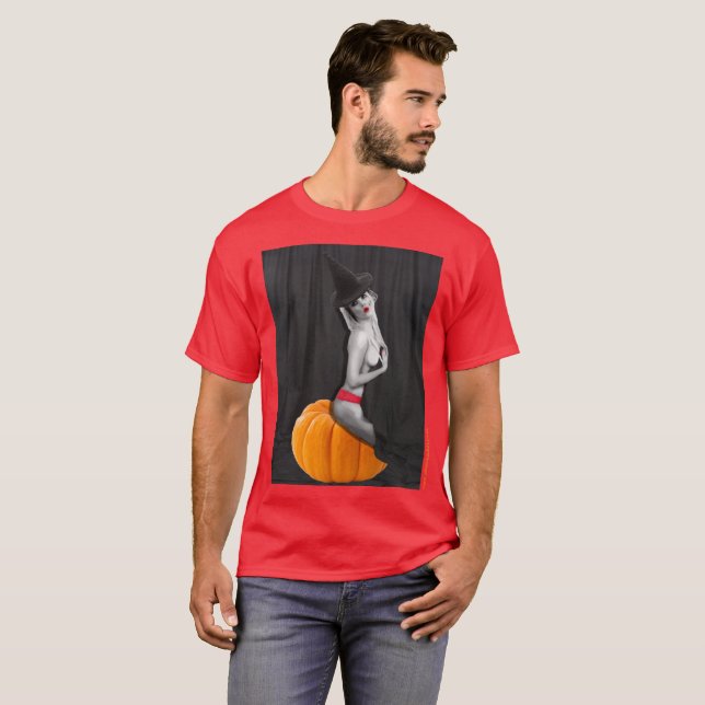 Halloween Sexy Pinup Witch Babe Mens Red T - Shirt (Vorne ganz)
