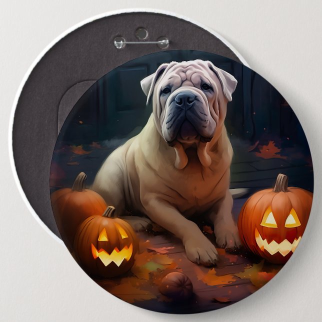 Halloween Shar Pei mit Pumpkins Beängstigend Button (Vorne & Hinten)