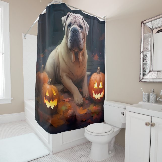 Halloween Shar Pei mit Pumpkins Beängstigend Duschvorhang (Beispiel)