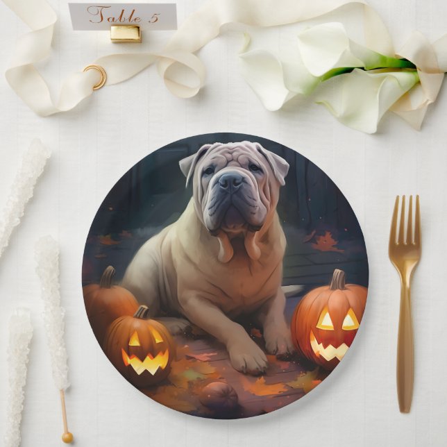 Halloween Shar Pei mit Pumpkins Beängstigend Pappteller (Hochzeit)