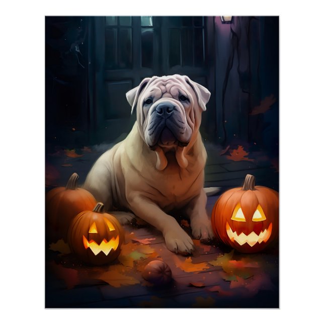 Halloween Shar Pei mit Pumpkins Beängstigend Poster (Vorderseite)