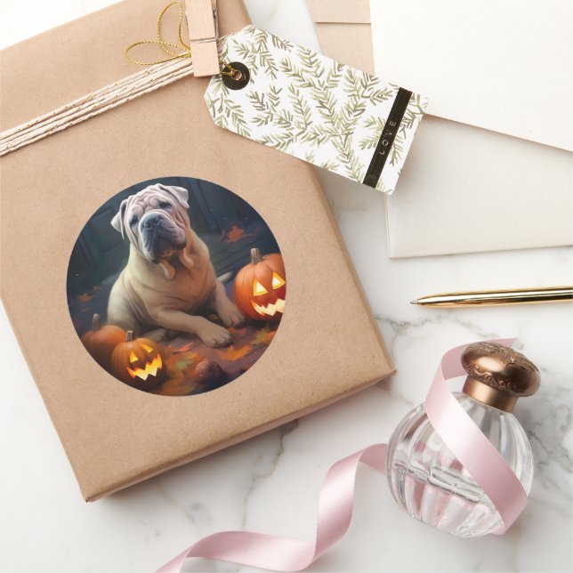 Halloween Shar Pei mit Pumpkins Beängstigend Runder Aufkleber (Schenken)