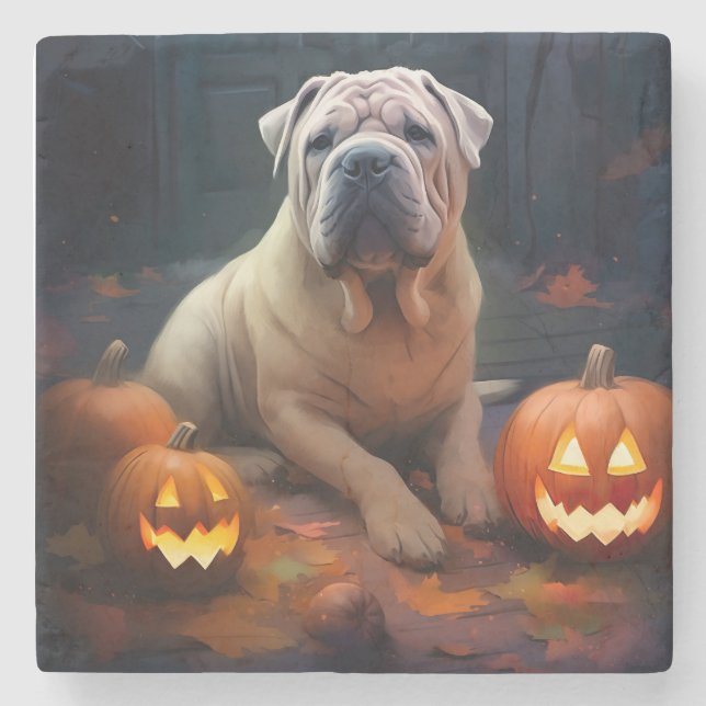 Halloween Shar Pei mit Pumpkins Beängstigend Steinuntersetzer (Vorderseite)