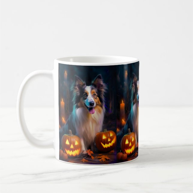 Halloween Shetland Sheepdog mit Pumpkins Beängstig Kaffeetasse (Links)