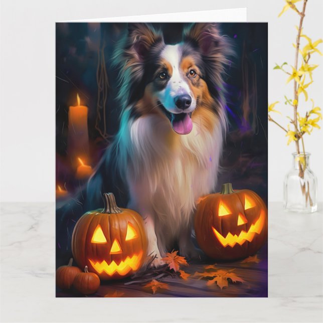 Halloween Shetland Sheepdog mit Pumpkins Beängstig Karte (Gelbe Blume)