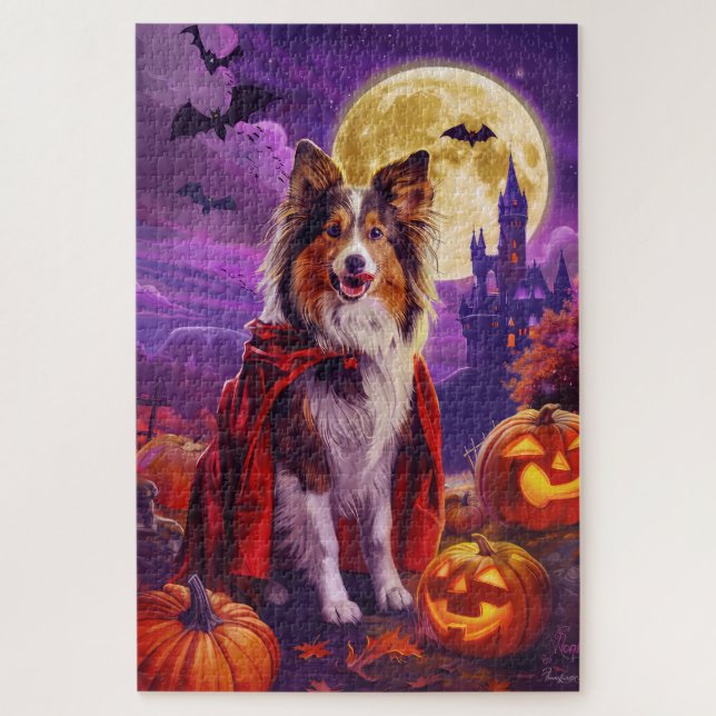 Halloween Shetland Sheepdog Vampire Pumpkins Beäng (Vertikal)