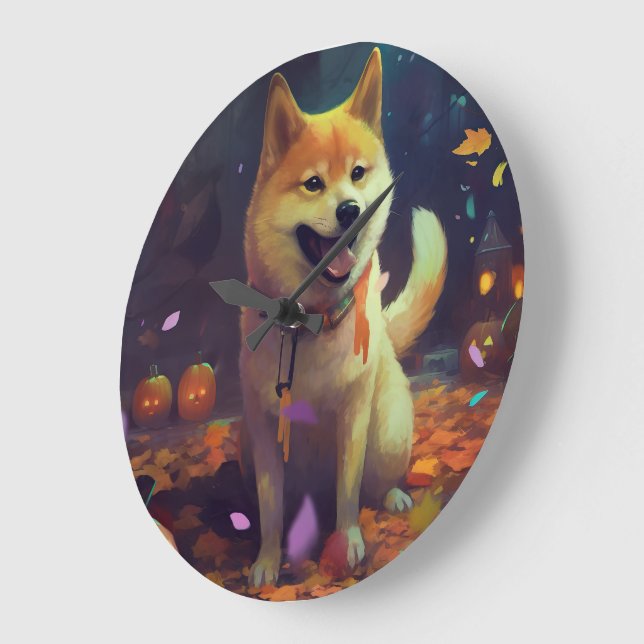Halloween Shiba Inu mit Pumpkins Beängstigend Große Wanduhr (Winkel)