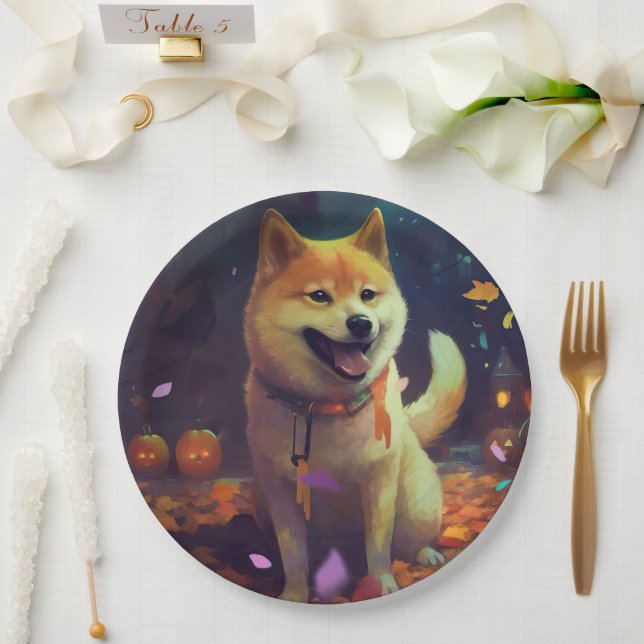 Halloween Shiba Inu mit Pumpkins Beängstigend Pappteller (Hochzeit)