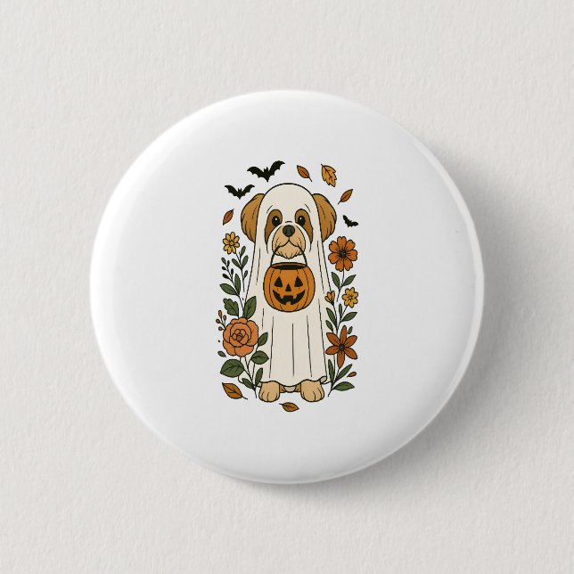 Halloween Shih Tzu mit Herbst-Blume Button (Vorderseite)