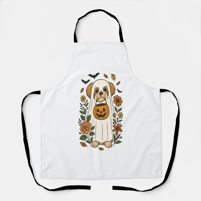 Halloween Shih Tzu mit Herbst-Blume Schürze (Vorderseite)