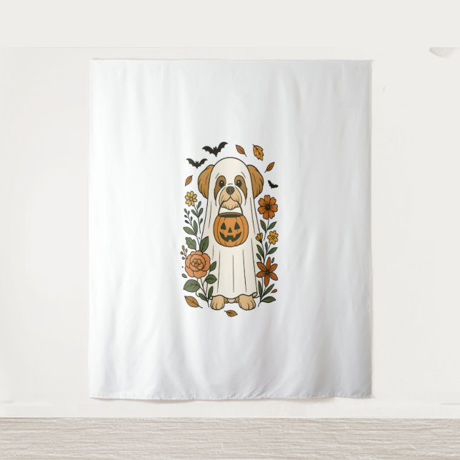 Halloween Shih Tzu mit Herbst-Blume Wandteppich (Vorderseite)