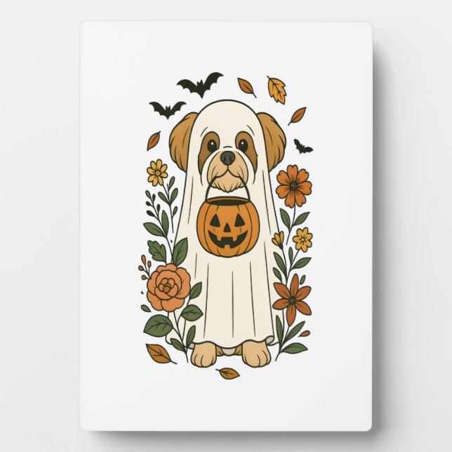Halloween Shih Tzu mit Herbstblumen Fotoplatte (Vorderseite)
