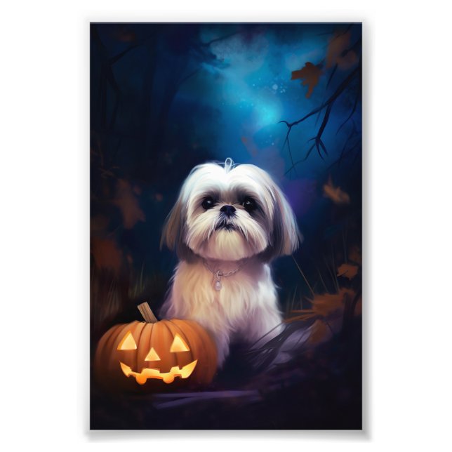 Halloween Shih Tzu mit Pumpkins Beängstigend Fotodruck (Vorne)