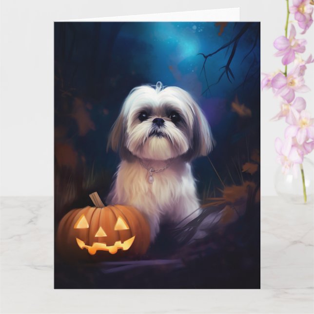 Halloween Shih Tzu mit Pumpkins Beängstigend Karte (Orchidee)