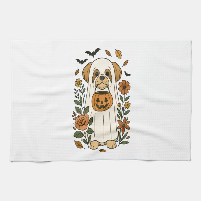 Halloween Shih Tzu with Fall Flowers Geschirrtuch (Horizontal)