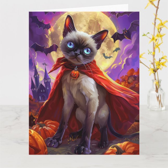 Halloween Siamese Cat Vampire Pumpkins Beängstigen Karte (Gelbe Blume)