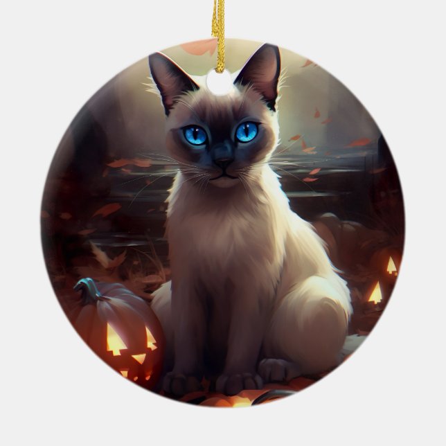 Halloween Siamkatze mit Pumpkins Beängstigend Keramik Ornament (Hinten)