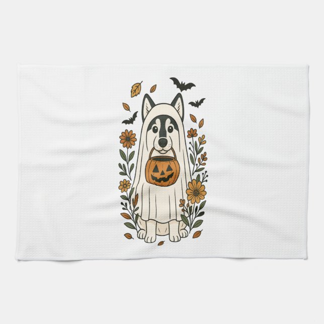 Halloween Siberian Husky Blumen Geschirrtuch (Horizontal)
