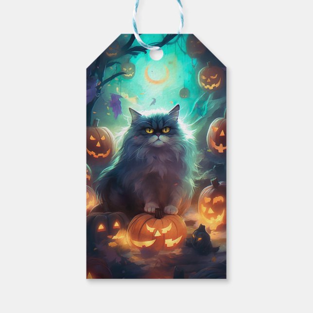 Halloween Sibirienkatze mit Kürbiskugeln Beängstig Geschenkanhänger (Rückseite)