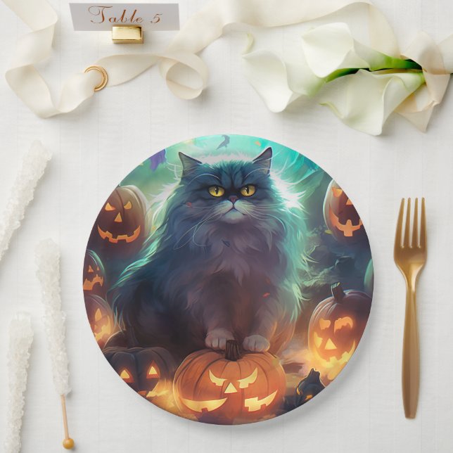 Halloween Sibirienkatze mit Kürbiskugeln Beängstig Pappteller (Hochzeit)