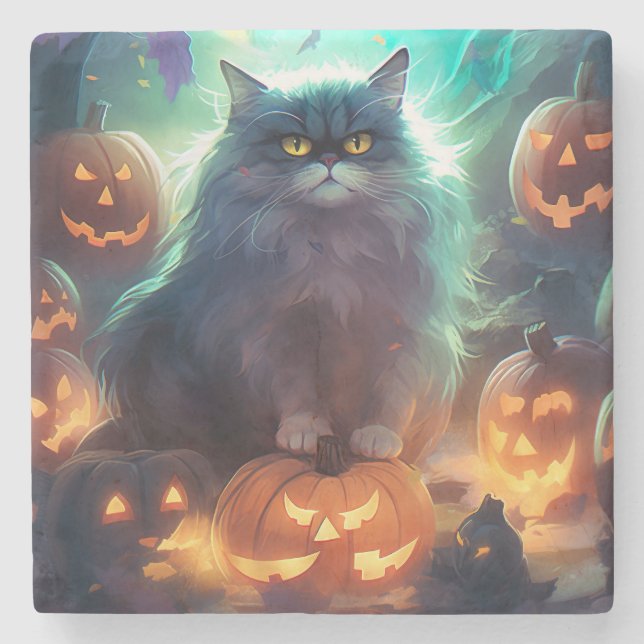 Halloween Sibirienkatze mit Kürbiskugeln Beängstig Steinuntersetzer (Vorderseite)