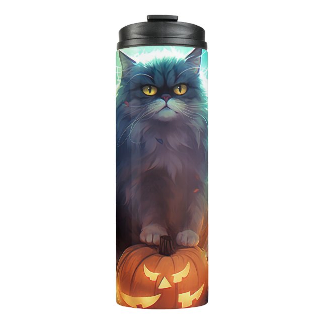 Halloween Sibirienkatze mit Kürbiskugeln Beängstig Thermosbecher (Vorderseite)