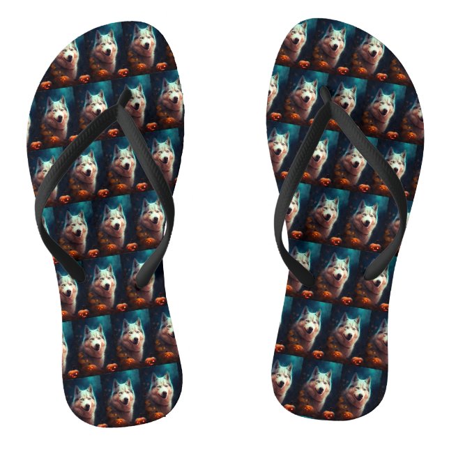 Halloween Sibirischer Husky mit Pumpkins Beängstig Flip Flops (Fußbett)