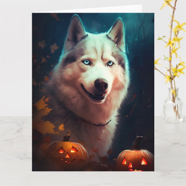 Halloween Sibirischer Husky mit Pumpkins Beängstig Karte (Gelbe Blume)