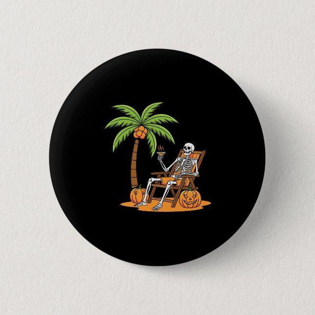 Halloween Skeleton Beach Vacation Palm Tree Pumpki Button (Vorderseite)