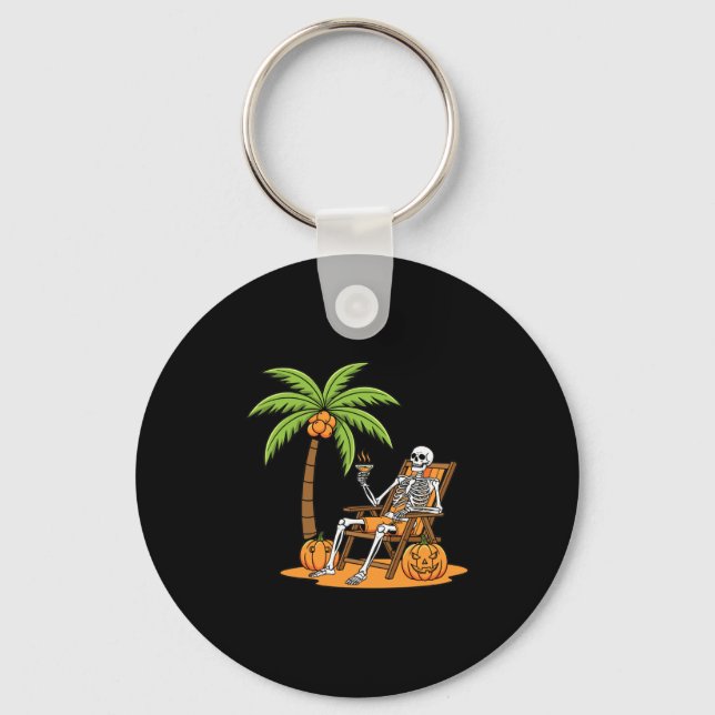 Halloween Skeleton Beach Vacation Palm Tree Pumpki Schlüsselanhänger (Vorderseite)