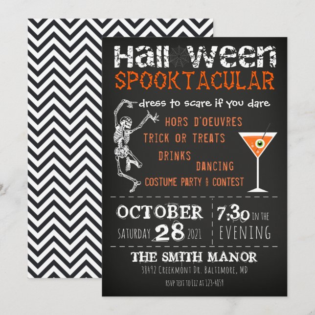Halloween Skeleton Black Orange Party Einladung (Vorne/Hinten)