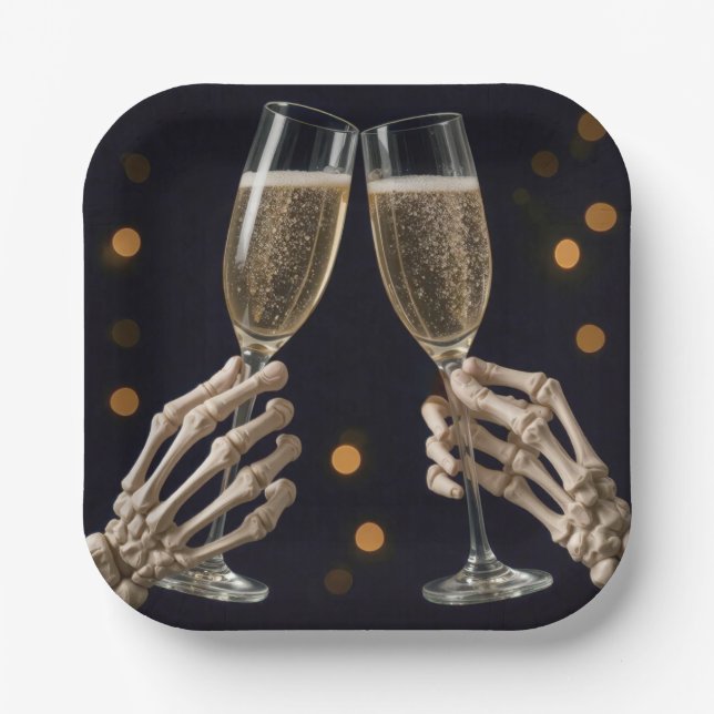 Halloween Skeleton Champagne Toast Pappteller (Vorderseite)
