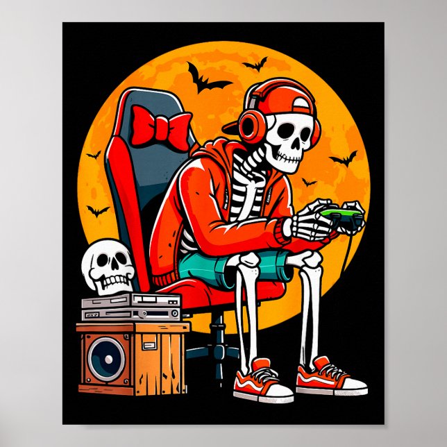 Halloween Skeleton Gamer Funny Video Gaming Hallow Poster (Vorne)