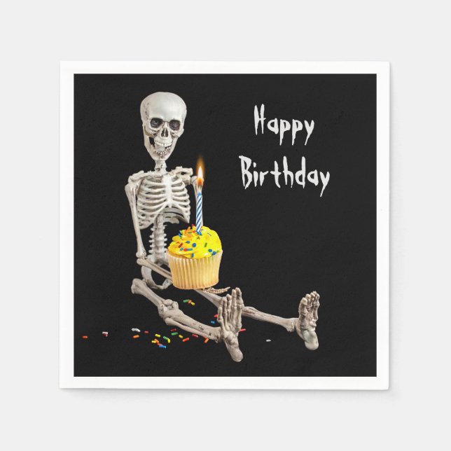 Halloween Skeleton Geburtstagskupcake auf schwarz Serviette (Vorderseite)