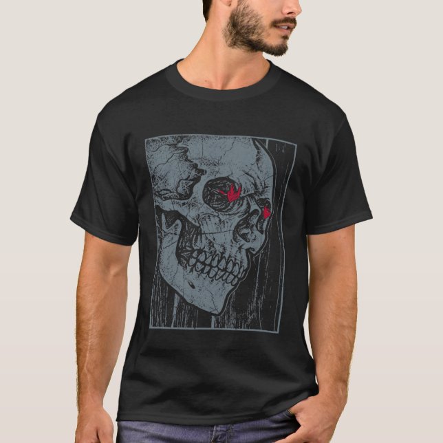 Halloween Skeleton Gothic Flaming Heart Eyes Skull T-Shirt (Vorderseite)