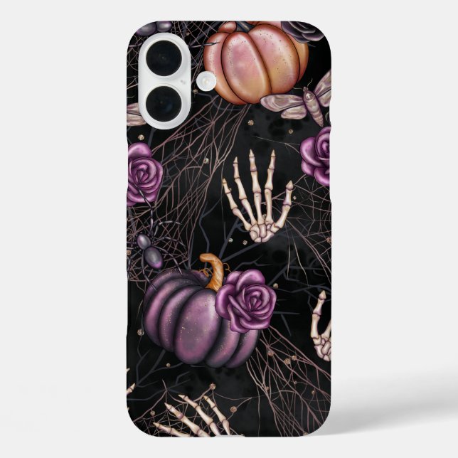 HALLOWEEN SKELETON HANDS PUMPKINS ROSE iPhone 16 PLUS HÜLLE (Rückseite)