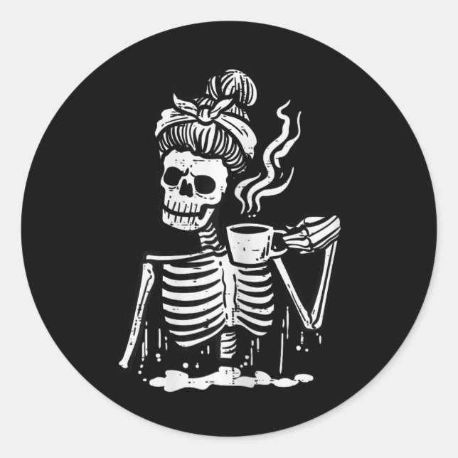 Halloween Skeleton Messy Bun Coffee Funny Costume Runder Aufkleber (Vorderseite)