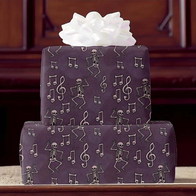 Halloween-Skeleton-Musiknoten Geschenkpapier (Gift wrap with dancing skeletons and music notes, perfect for Halloween, gothic, or music lovers.)