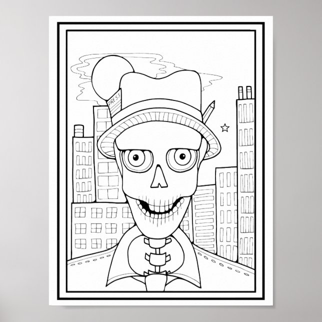Halloween Skeleton Newsman Press Coloring Page Art Poster (Vorne)