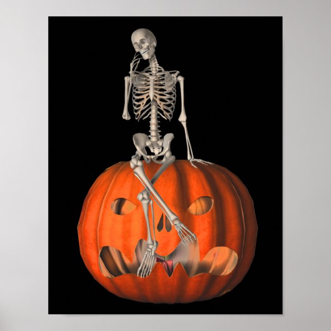 Halloween Skeleton on Kürbislaterne Pumpkin Poster (Vorne)