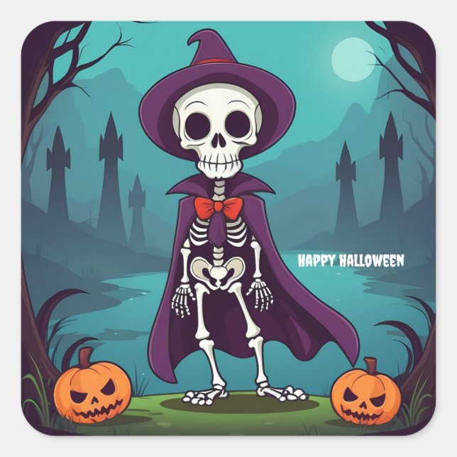 Halloween Skeleton Quadratischer Aufkleber (Vorderseite)