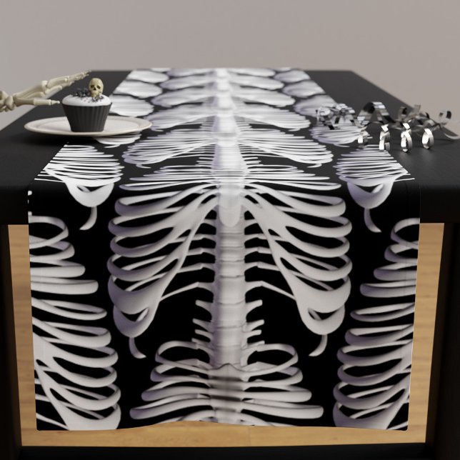Halloween Skeleton Rib käfig Muster Spooky Black Kurzer Tischläufer (This spooky table runner is the perfect way to add a touch of Halloween flair to your dining table. )