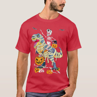 Halloween Skeleton Riding Mummy Dinosaur T rex Pum T-Shirt