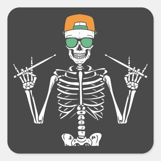 Halloween Skeleton Rock Hand Playing Drums Quadratischer Aufkleber (Vorderseite)